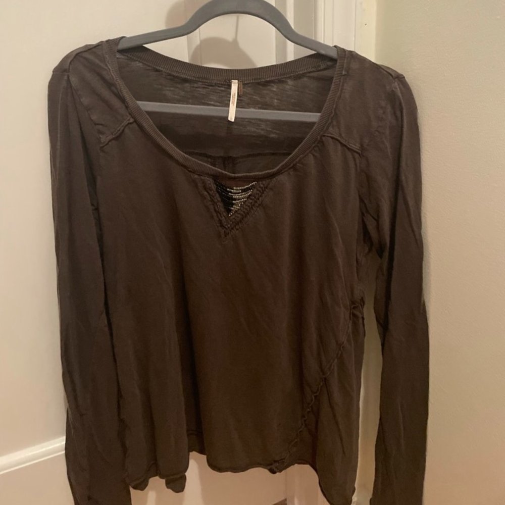 Free People Brown Beaded Neck Long Sleeve Top (Size: Large)